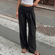 HoloChill bequeme Damen-Hose mit geradem Bein, gewebter Stoff mit modischem Gürtel, leicht elastisch, Sommer-Lässig 2026 neue Unterteile, Damen-Lässig-Outfits zum Ausgehen, Schulanfang, Homecoming, Herbst/Winter, französischer Stil - Schwarz - Übersicht 5