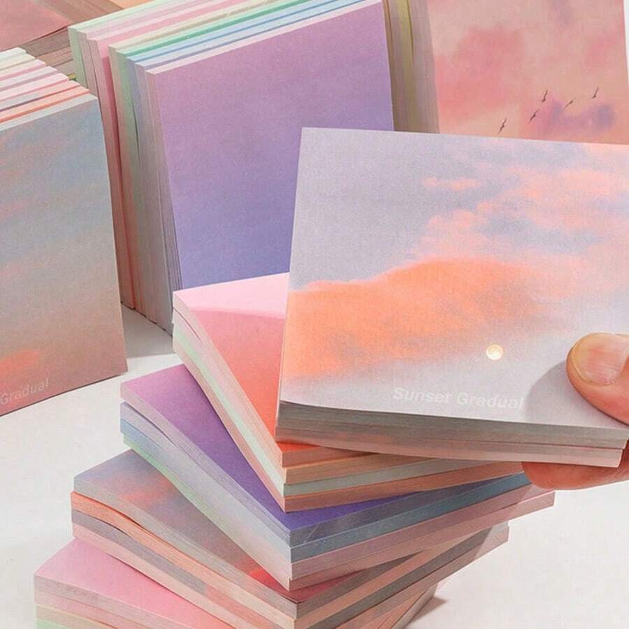 100 piezas de notas adhesivas de color degradado, estilos aleatorios, cada hoja se desvanece de rosa neblina a nube púrpura, adecuadas para cuadernos y diarios - A - Ver 1