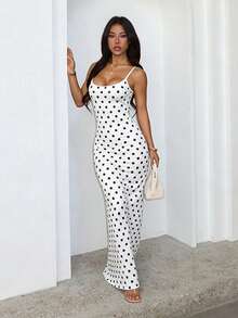 Women's Summer White Spaghetti Strap Polka Dot Print Fitted Dress, Casual Vacation Style - White - View 4