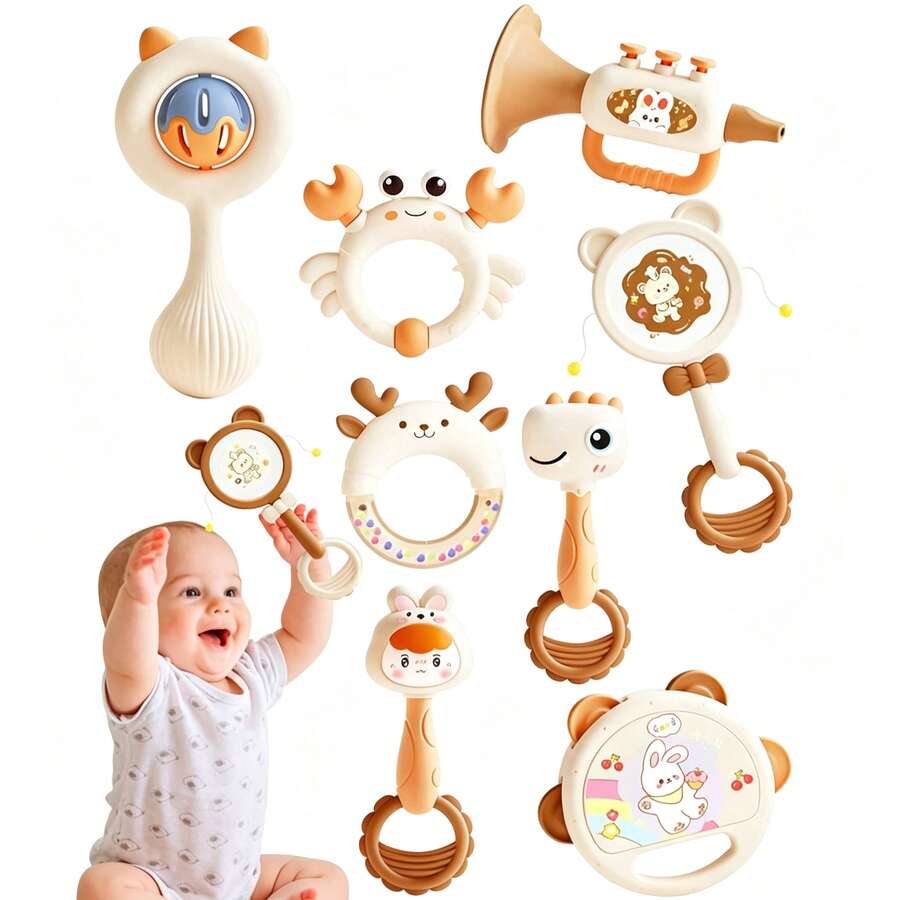 1/2/8PCS Adorable Animal Rattle Set, Rabbit Deer Crab Shape Baby Shaking Toy With Sound, Soft Handle Interactive Sensory Toy, Fine Motor Skills Development Gift For Toddlers 18 Months+ - Multicolor - View 1