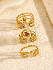 Juego de 3 anillos de acero inoxidable chapados en oro de 18K, estilo vintage de lujo con diseño geométrico de línea solar, adecuado para el uso diario de mujeres, regalo, vacaciones y viajes - Multicolor - Ver 1
