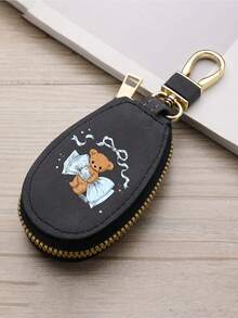 Car Key Case, Bear Print Key Holder, Pu Leather Key Pouch, Cute Bow Car Key Bag, Zipper Key Storage, Portable Car Key Case, Unisex Key Holder - Multicolor - View 12
