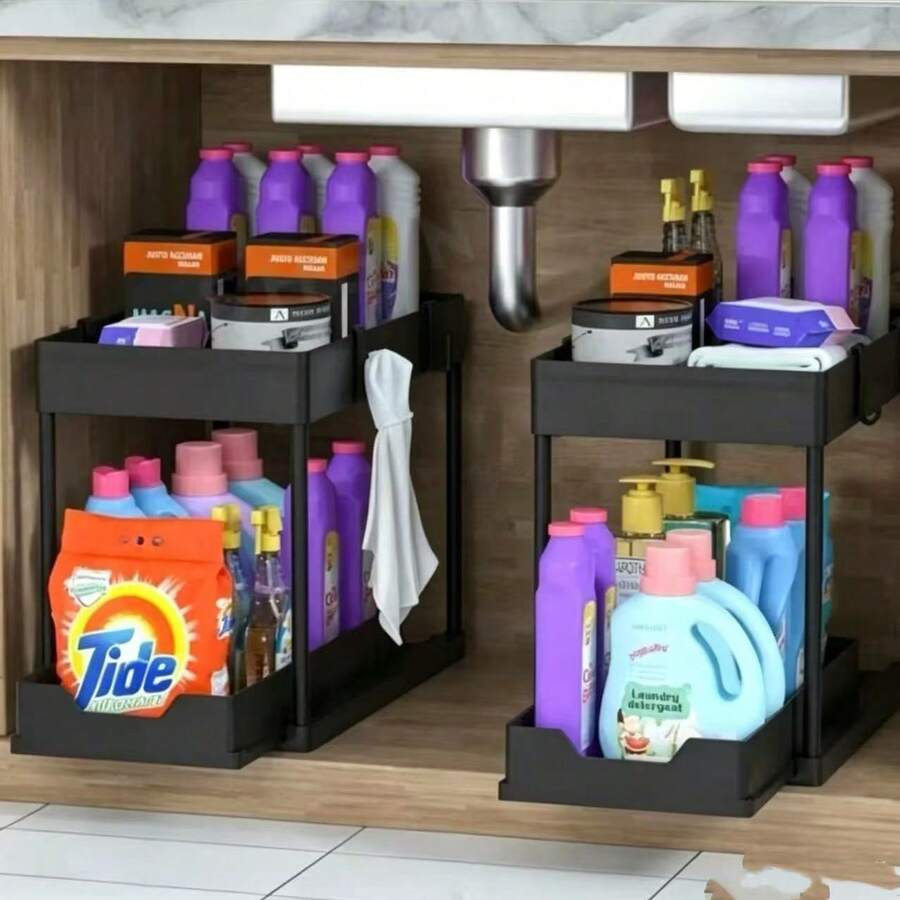 1pc Single Layer Pull-Out Storage Rack, Under Sink Drainage Storage Rack With Hooks, Kitchen Storage Drawer, Easy To Disassemble And Clean Storage Rack - Multiple Colors - View 1