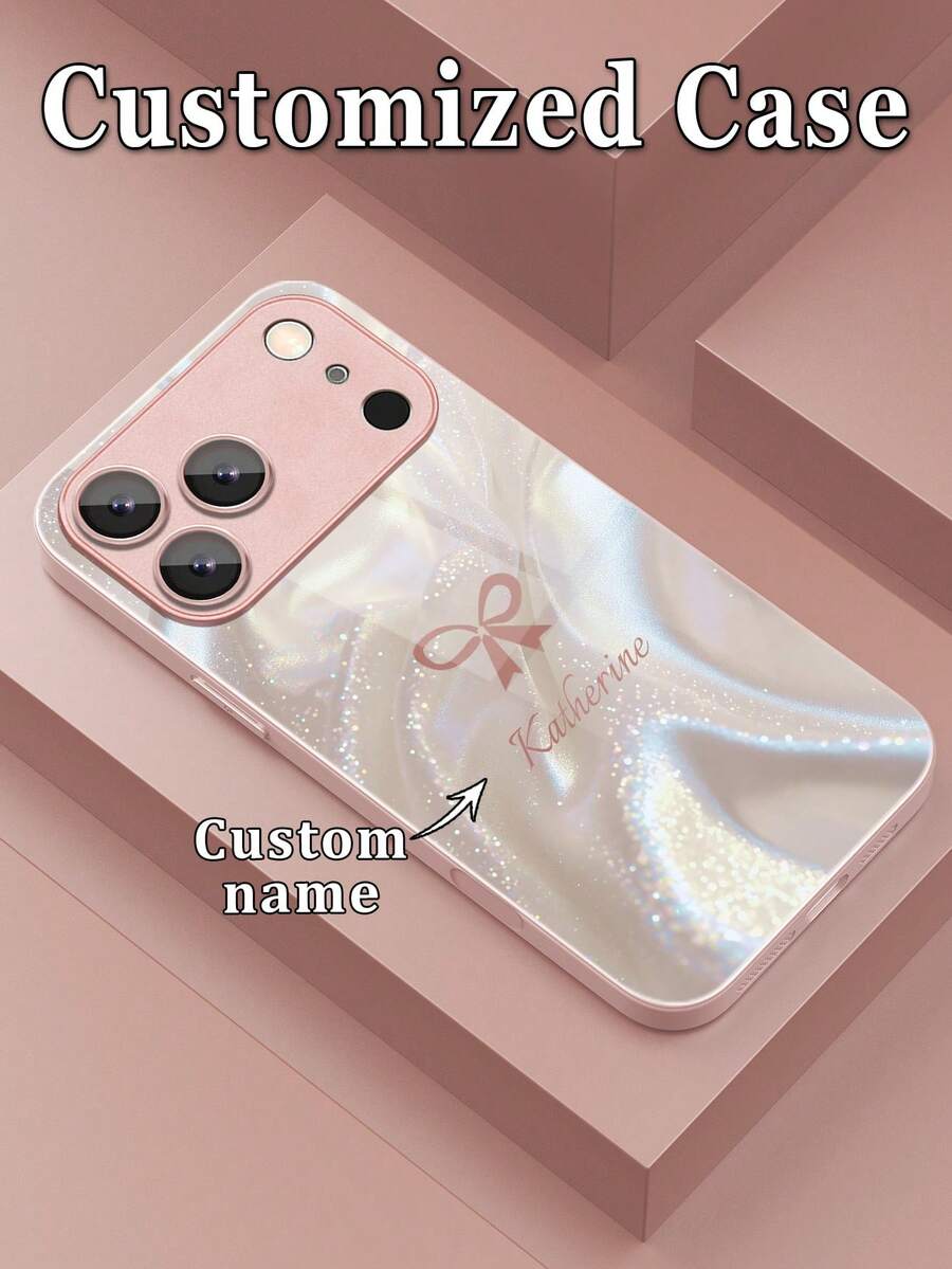 1pc Customized Name, Pink Satin Glitter, Minimalist Bow, Crown, Heart Design, Creative Personalized Phone Case Compatible With Samsung S24 Ultra/S25 Ultra And Apple 17 Pro Max/16 Pro Max/15 Pro/14 Plus/13 Pro/12 Pro Max/11/Xs Max/8/7/6 Plus, Suitable As Birthday Gift, For Girlfriend/Boyfriend Or Personal Use,International Version, Not The Domestic Version - Pink - View 1
