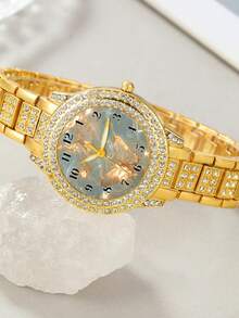 Women's Diamond Watch, Luxury Gold Metal Band Wristwatch, Exquisite Butterfly Dial Analog Dress Watch, Suitable For Daily And Party Wear - A - View 4