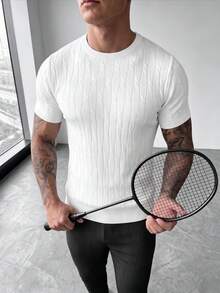 ZYNTH BALENO Men's Summer Fashion Crew Neck Cable Knit Slim Fit Short Sleeve Sweater, Suitable For Gym And Outdoor Sports - White - View 3