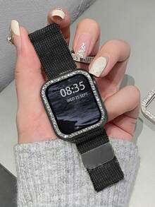 2pcs Black Unisex Fashion Milanese Watch Band + Protective Case, Compatible With Apple Watch 44/40/41/45/42/46/38mm Ultra 2 49mm, Magnetic Metal Watch Chain, Luxury Stainless Steel Watch Band, Compatible With Series 11 10 9 8 7 SE 6 5 4 3 2 1, Fashionable Smart Watch Band Chain Strap Accessories Compatible With Apple Watch, Smart Watch - Black - View 8