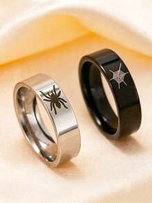 2pcs/Set Fashion Stainless Steel Ring Set, Personalized Halloween Couple Ring Set, Shiny Punk Hip-Hop Style Spider Web Ring Set - Multicolor - View 11