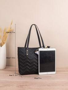 1pc Quilted Diamond Embroidered Scarf Decor Large Capacity Lightweight Versatile Commuter Tote Bag - Black - View 4