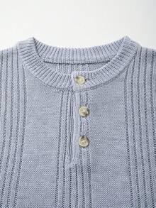 Men's Neutral Crew Neck Pullover, Casual Commute Versatile Business Solid Color Half-Open Collar Textured Short Sleeve Loose Fit Knit Top, Spring/Summer - Grey - View 5