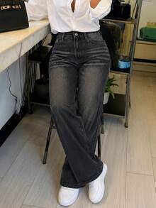 Women's Casual Grey Straight Leg Jeans, Long Non-Stretch Button Detail Vintage Punk Style Pants, Suitable For Daily Wear, High Waist Design - Dark Grey - View 1