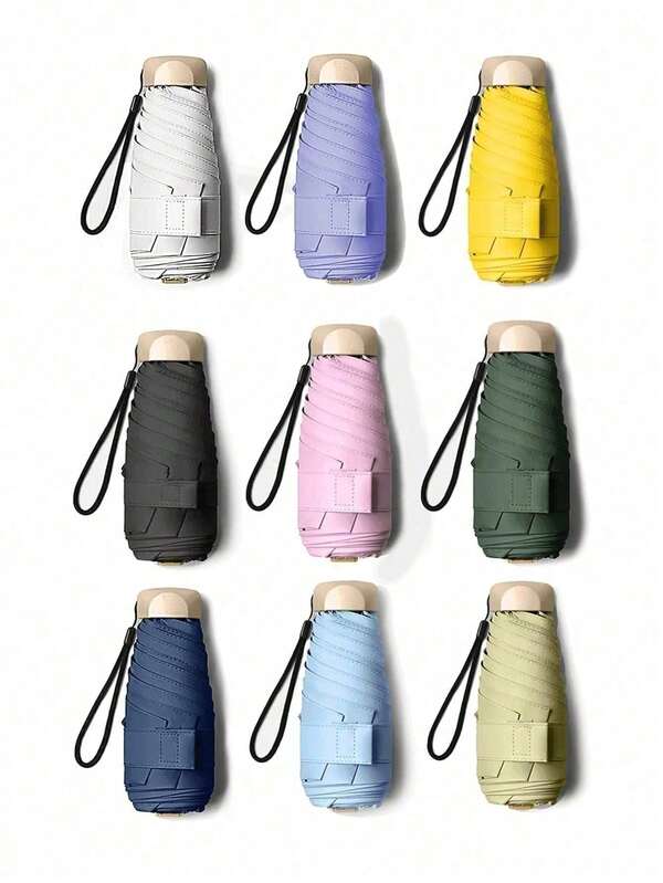Minimalist Color Block Capsule-Shaped Black Coated Umbrella Canopy, With Wrist Strap And Storage Pouch, UV Protection Lightweight Mini Compact Travel Umbrella, Suitable For Women, Men And Students, Handbag, City Walk, Commute, Beach, Vacation, Spring/Summer Gift Idea