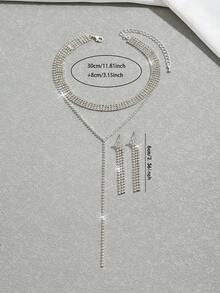 1pc Double Layered Rhinestone Y-shape Necklace + 1pair Rhinestone Decor Fancy Evening Party Earrings - Silver - View 4