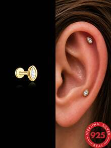 1pc S925 Sterling Silver CZ Zirconia Ear Cartilage Stud Earrings, Flat Back Screw Back, Marquise Pear Shape, Hypoallergenic, Suitable For Helix And Tragus, Daily And Party Wear - Gold - View 2