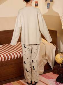 2 piezas/Set Pijama de mujer, conjunto de ropa de estar en casa, estampado de animales lindo, minimalista y juguetón, sudadera de cuello en V de manga larga y pantalones, para todas las estaciones - Albaricoque - Ver 3