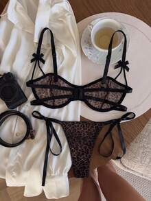 Women's Sexy Leopard Print Lingerie Set, 2pcs Sheer Mesh Underwire Bra And Panty Set - Black - View 3