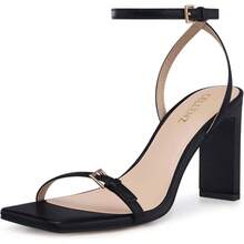 Strappy Women High Heels: 3.4 Inch Sexy Wide Heel Sandals, Square Open Toe Heeled, Comfortable Prom Party Wedding Shoes - 8 + Black - View 2