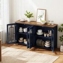 This 160cm Wide Kitchen Sideboard Features Glass Doors, A Large Storage Compartment, A Wood-Effect Worktop, And An Anti-Tip System. This Modern Sideboard Is Suitable For Kitchens, Dining Rooms, And Living Rooms. - Blue - View 6