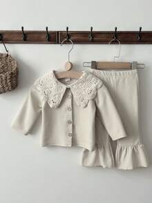 INS Baby Girl Clothes Solid Color Peter Pan Collar Long Sleeve Top + Long Pants Spring Autumn - Apricot - View 8