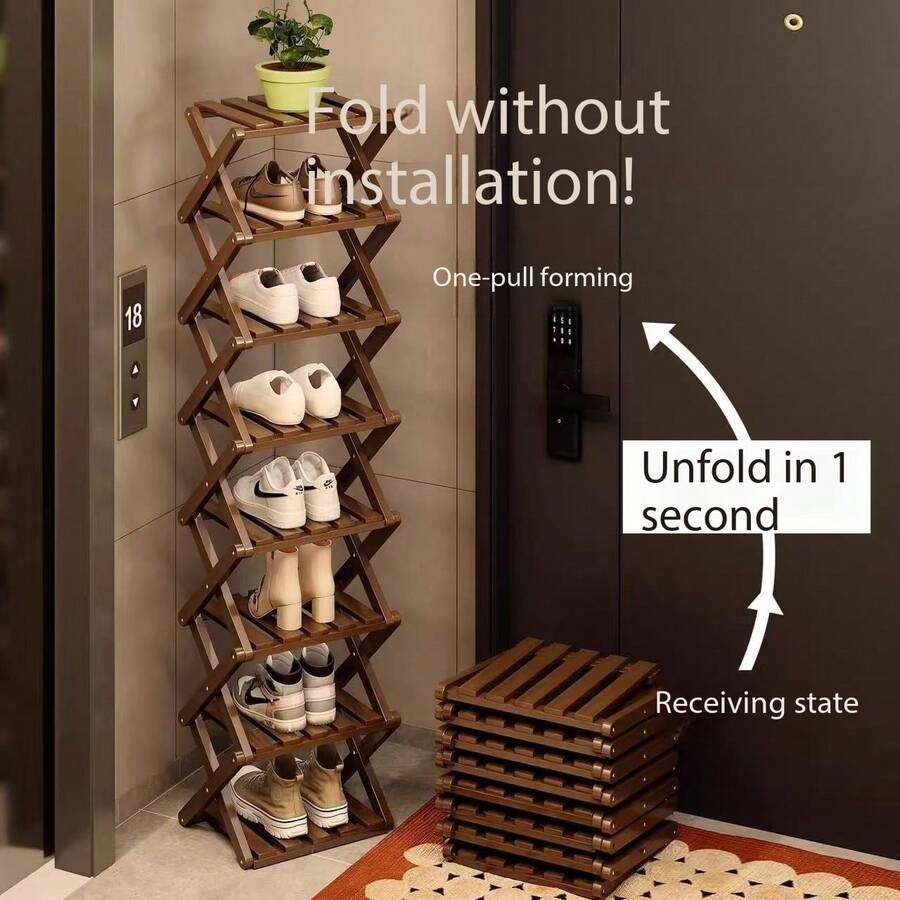 Bamboo No-Assembly Folding Shoe Rack, Suitable For Home Living Room, Entryway, Doorway, Bedroom Storage - Brown - View 1