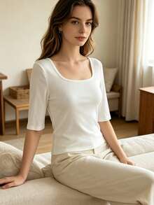 Women Solid Ribbed Square Neck Elbow Length Sleeve Slim Fit Basic Layering Tee Soft Stretchy Casual Top - White - View 1