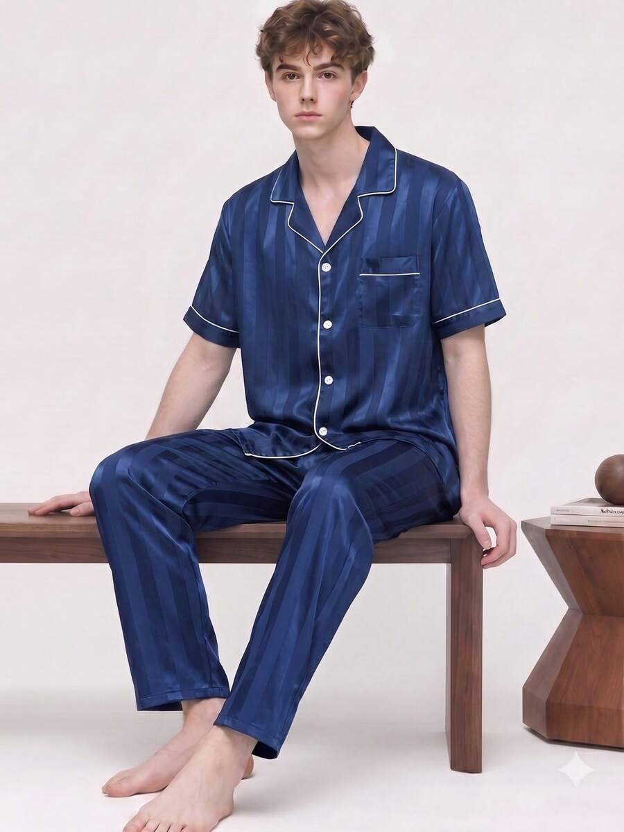 2pcs/Set Men's Pajamas Summer Short Sleeve Long Pants Satin Blue Striped Casual Comfortable Spring Autumn Wearable Fashion Home Loungewear Set - Blue - View 1