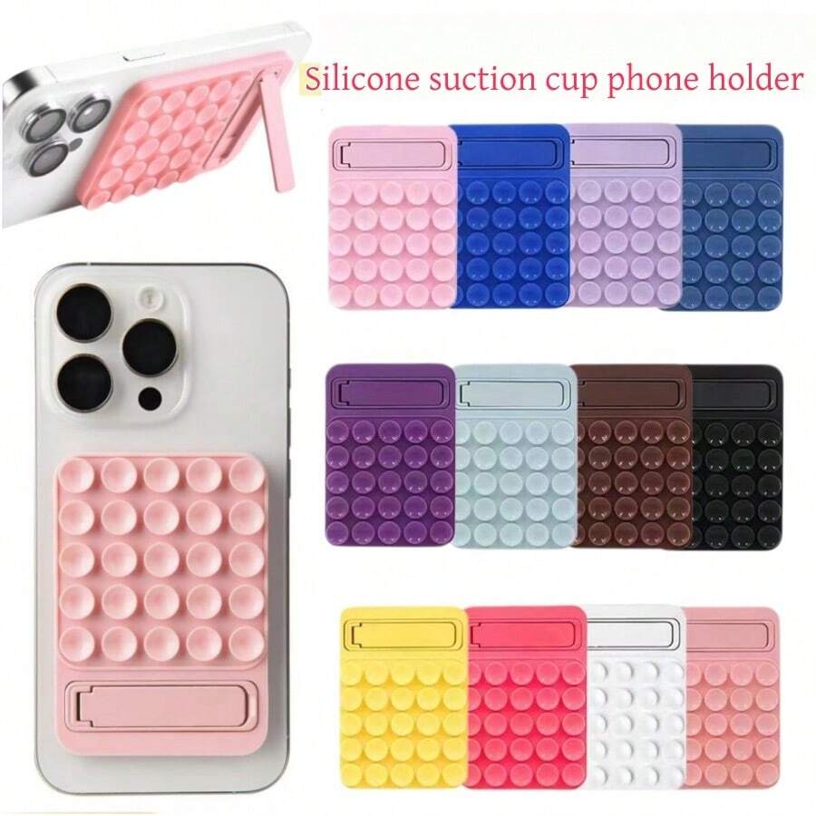 1pc Suction Cup Phone Holder With Hidden Foldable Stand, Ultra-Thin Silicone Non-Slip Pad, Sticky Suction Cup Phone Mount, Phone Accessory, Suitable For Bathroom Mirror, Glass Wall And Desktop, Firmly Adheres Phone To Prevent Dropping, Perfect For Streaming And Selfies. Comes With Macaron Color Adhesive Base. Travel Essential, Kitchen Essential, Back To School Essential