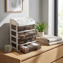 Multi-Tier Makeup Storage Box With Clear Top Tray & Semi-Transparent Drawers | 3 / 4 Drawer Vanity Organiser For Brushes, Lipsticks & Palettes | Stackable Cosmetic Display Unit - 4-tier - View 4