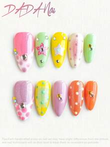 10pcs Medium Almond Press On Nails, Dopamine Rainbow Pastel Fake Nails, Glitter Ombre Polka Dot 3D Star Multi Color Rhinestone Glossy Acrylic Set For Summer, 4th Of July, Wedding, Graduation, Prom & Daily Outfits - Multicolor - View 1