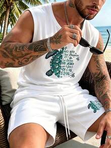 Men's Summer Round Neck Casual Tank Top And Shorts Set - White - View 2