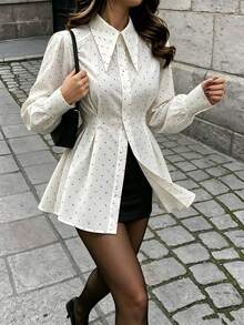 Women's White Polka Dot Blouse, Unique Collar Design, Long Sleeves, Single-Breasted Button Closure, Multiple Pleats At Waist, Flared Hem, Suitable For Daily Wear, Office Or Commute - White - View 5
