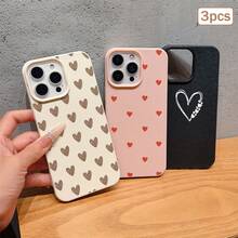 3pcs Heart Print Faux Leather Texture Anti-Drop Anti-Scratch Anti-Slip Phone Case Set, Kawaii Heart Aesthetic Design (Red Mini Heart, Beige Gradient Heart, White Line Heart), Compatible With IPhone 11/12/13/14/15/16/16 Plus/17/17 Pro/17 Pro Max/16e & Galaxy S24 Ultra/S25 Ultra/A06 - Multicolor - View 2
