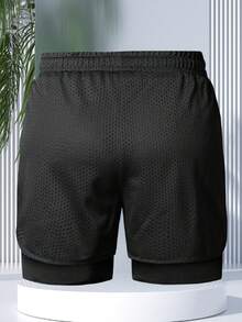 1件裝男士夏季運動快乾七分短褲，彈性休閒健身跑步短褲，附內襯與字母印花 - 黑色 - 查看 2