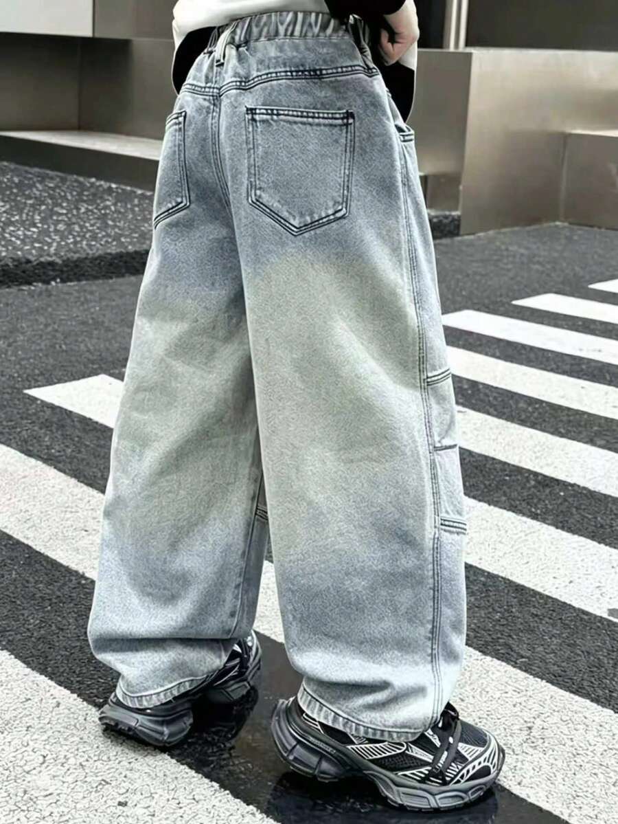 Boys' Spring/Autumn 2026 New Style Straight Leg Cargo Pants, Handsome Long Trousers For Big Kids - Light Wash - View 1