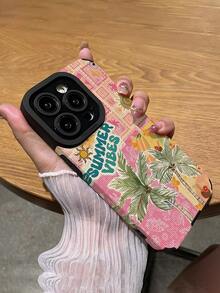1件夏季清涼海灘椰子樹圖案直條紋人造皮革紋理防摔防指紋防震手機殼，兼容Apple及多款機型 - 彩色 - View 6