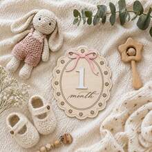 Baby Girl Monthly Milestone Marker, 8 Inch Large Wooden Disc With Pink Bow And Carved Daisy Lace Pattern, 1-12 Months Interchangeable Numbers, Double-Sided Design - Wood Color - View 7