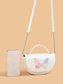 1pc Pearl Moon Handbag Crossbody Bag - White (Glitter Iridescent Butterfly) - View 5