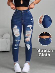High Waist Slim Fit Distressed Jeans With Pockets And Zipper, Light Wash Cotton, Suitable For Spring And Autumn Daily Wear And Dating Vacation Casual - Deep Sea Blue - View 7