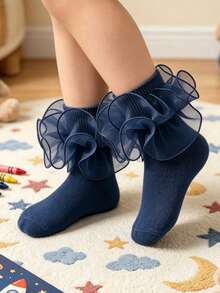 1 Pair Girls Socks Children Ruffle Pleated Lace Princess Baby Socks - Navy Blue - View 3