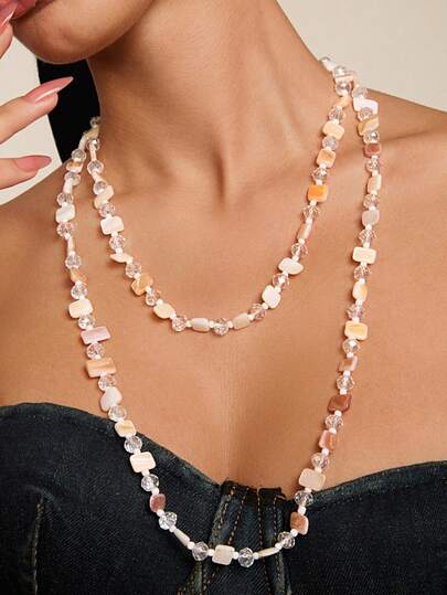 Altistry 1pc Vintage Bohemian Style White Shell Beaded Double Layer Long Necklace Sweater Chain Suitable For Women Beach Vacation Daily Decoration