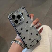 創意奢華全黑愛心圖案亮片紙手機殼，電鍍邊框，四角防震氣囊，鏡頭保護膜，柔軟全包覆，適用於 Apple 7/8/X/XR/XSMAX/11/12/13/14/15/16/17Promax、A14/A15/A16/A17/A04/A05/A06/A07/A54/A55/A56/A57/A34/A35A/36/A37/S26/S26Plus/S26Ultra、Transsion SMART7/8/10、Honor 400/400Pro/400Lite - 銀色 - 查看 2