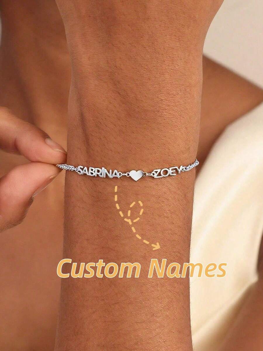 Customizable Multiple Name Bracelet, Personalized 2 Name Bracelet, Personalized Name Cuban Link Bracelet, Stainless Steel Jewelry, Valentine's Day/Mother's Day Gift, Gold, Silver, Fashion, Colorful, Retro, Minimalist, 2000 , Personalized, Unique, Ideal Gift, Boyfriend, Girlfriend, Dad, Mom, Family, Friend, Anniversary, Birthday, Graduation, Dance, Party, Adjustable - Silver - View 1