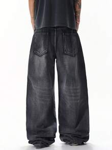 Justice Brother 1pc American Street Style Personalized Men's Distressed Denim Jeans Fashion All Season Wide Leg Long Pants (Belt Not Included/Accessories Not Included) - Grey - View 2