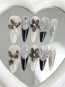 10 Peças Adesivos de Arte de Unhas Acrílicas Stiletto Longas Feitos à Mão, com Flor 3D & Borboleta de Metal 3D, Adequado para Estilo Y2K, Unhas Pretas, Estilo Gótico Punk, Manicure Francesa, Design de Arte de Linha, Unhas Postiças & Suprimentos de Unhas para Mulheres & Meninas - Multicolorido - Visão 11