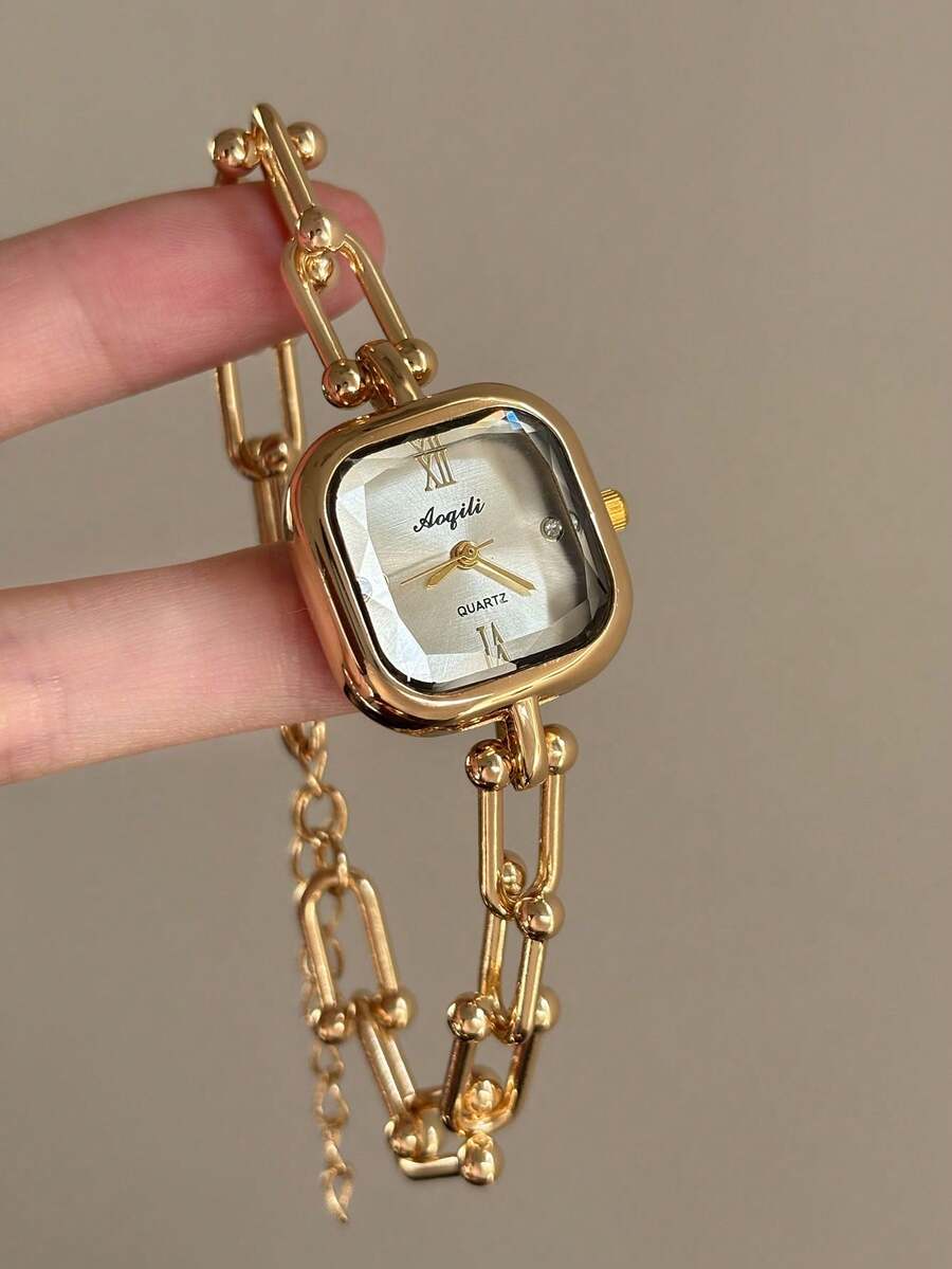 Reloj de cuarzo cuadrado dorado para mujer, delicado y compacto, adecuado para uso diario, regalo de cumpleaños, graduación y ocasiones casuales - Dorado - Ver 1