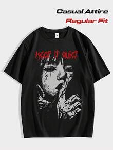 Men's Gothic "Keep Quiet" Graphic T-Shirt - Black With White And Red Dripping Lettering And Avant-Garde Face Print - Casual Crew Neck Short Sleeve Top - Black - View 1