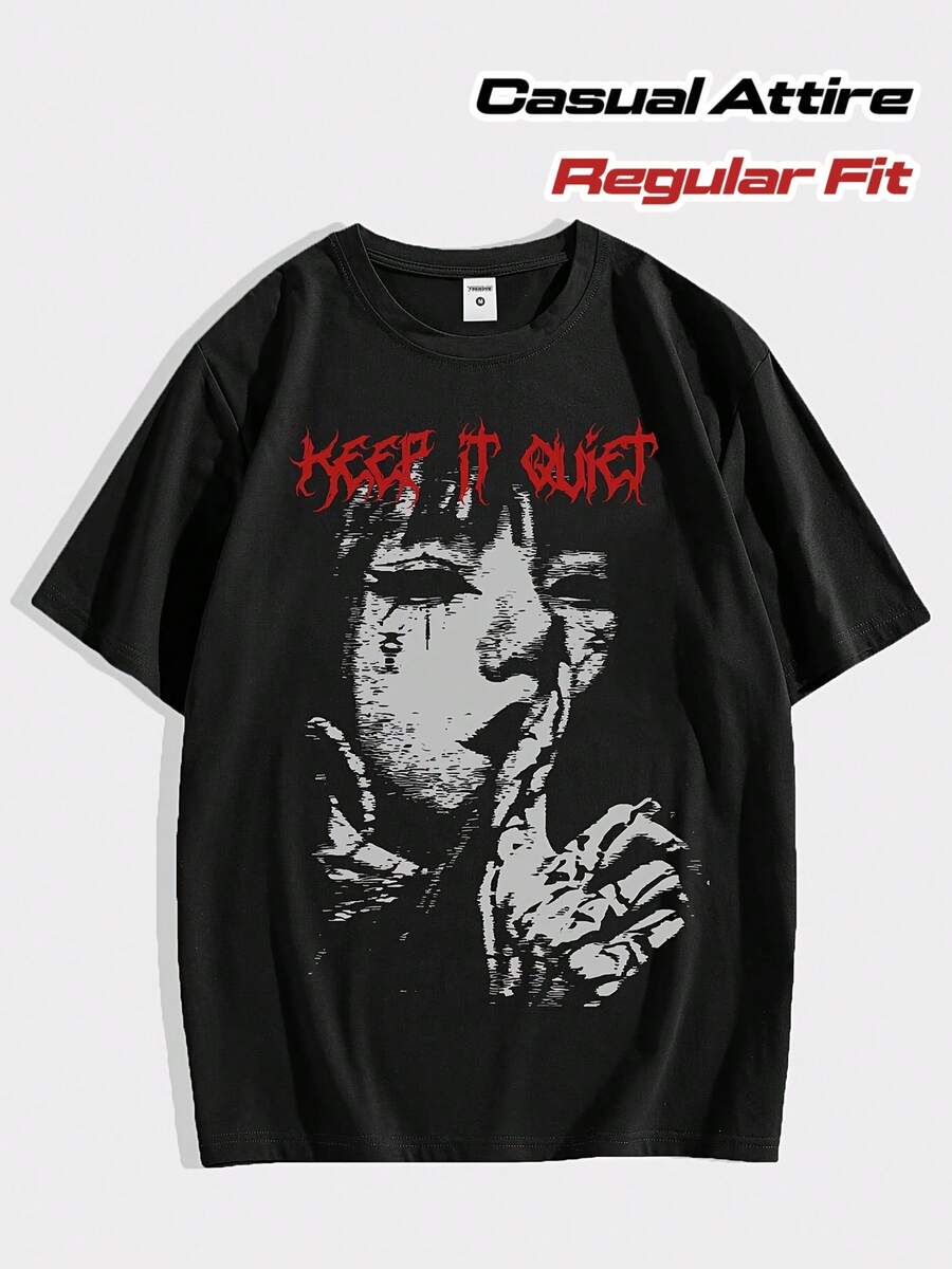 Men's Gothic "Keep Quiet" Graphic T-Shirt - Black With White And Red Dripping Lettering And Avant-Garde Face Print - Casual Crew Neck Short Sleeve Top - Black - View 1