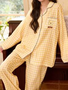 Gongdie 2 Pieces Disney Winnie The Pooh Women Pajama Set,Spring Fall Gingham Soft Cotton Loungewear With Zigzag Trim And Pocket - Yellow - View 2
