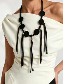 MARLIWOO 1pc Minimalist Long Draped Tassel Necklace, Unique Niche Versatile Accessory, Vintage Gothic Style - Black - View 3