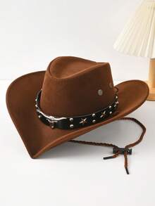 1. A Retro Western Cowboy Hat, Suitable For Both Men And Women. Decorated With Star-Shaped Rivets On The Cow's Head. A Suede Wide-Brimmed Women's Ride - Black Leather Star Foldable Cowboy Hat - View 9